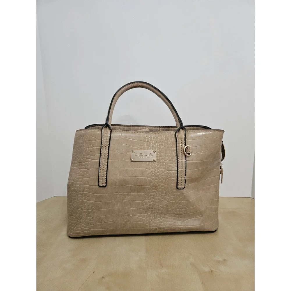 Bebe Beige Faux Croc Embossed Satchel Handbag Double Handle Tote Purse Medium